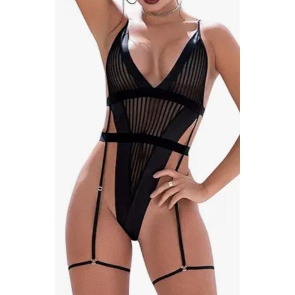 Mapale Women's Bodysuit Lingerie Black Attached Garter Thong 2637 Medium Large
